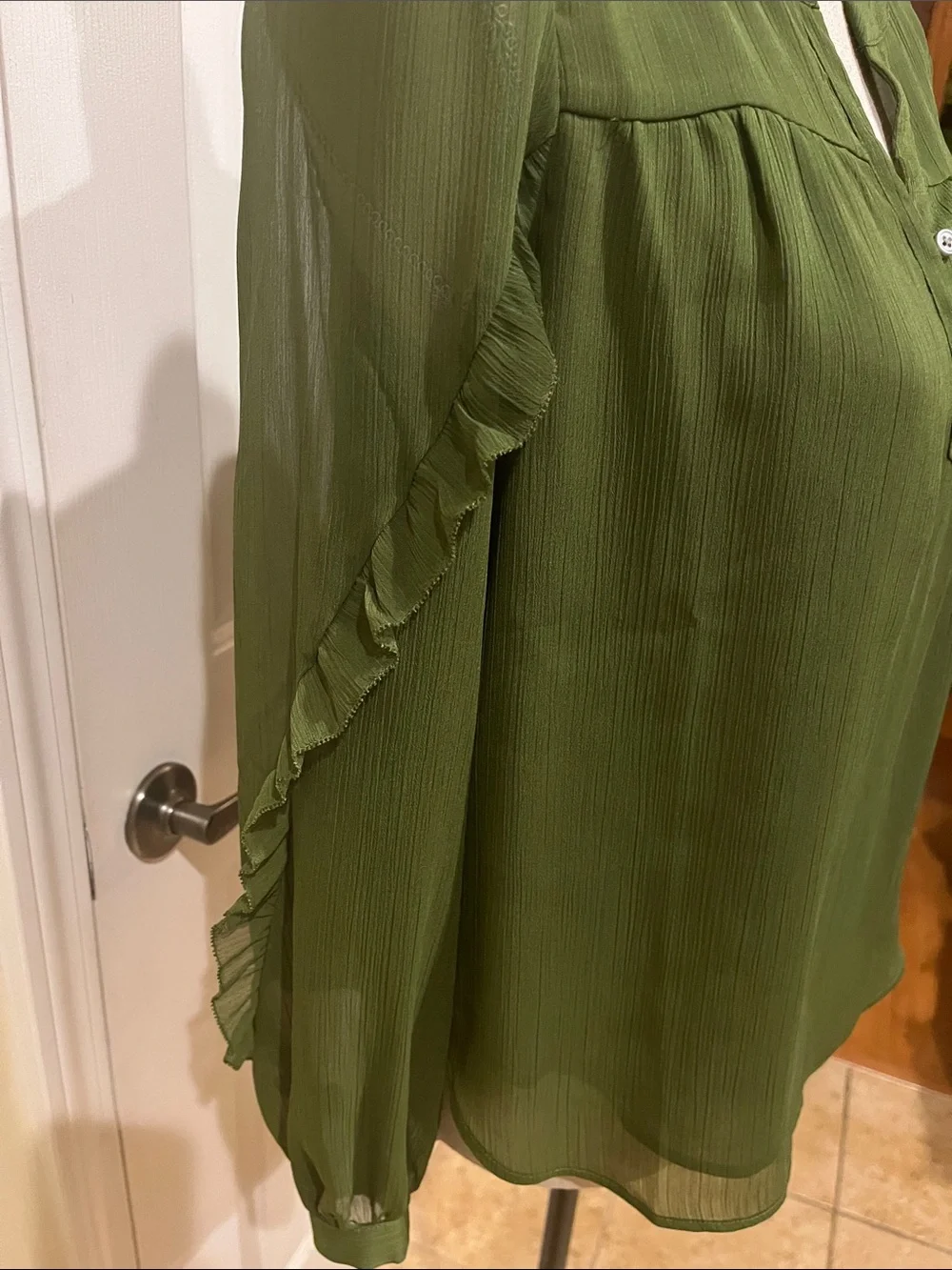 LOFT Olive Green Ruffle-Trim Blouse - Picture 3 of 5